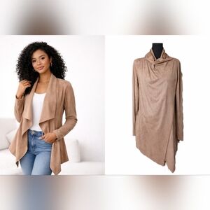 Lumiere Faux Suede Waterfall Jacket Tan Beige Draped Cardigan Size Small